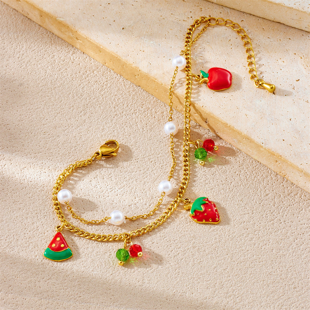 Minimalist Sweet Drip Oil Stainless Steel Fruit Pendant Necklace and Bracelet Set for Women
