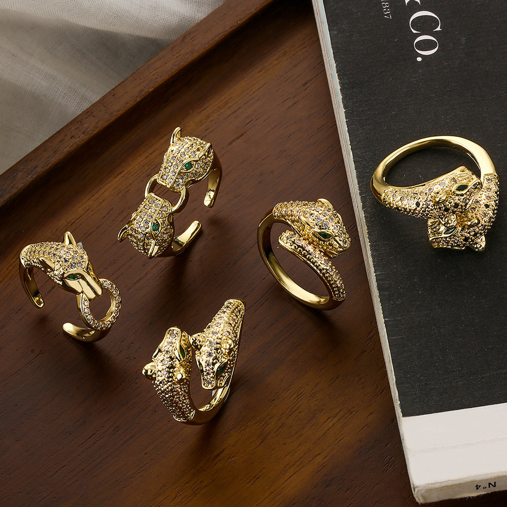 Hip Hop Style Leopard-Shaped Geometric Ring for Women in Brass with 18K Gold Plating and Zircon Inlay