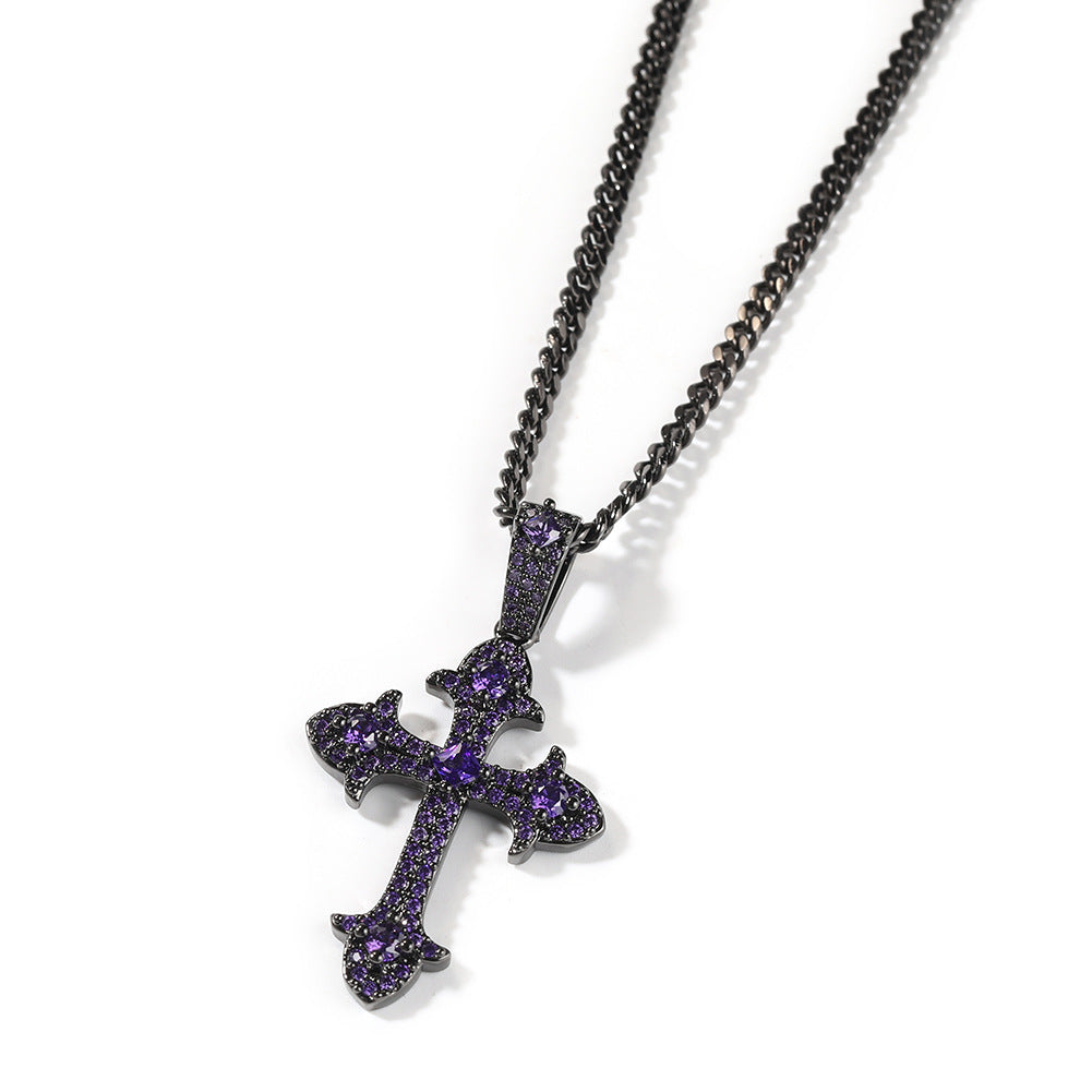 Collar de latón con incrustaciones de circonita cúbica en forma de cruz geométrica estilo Hip-hop para hombre