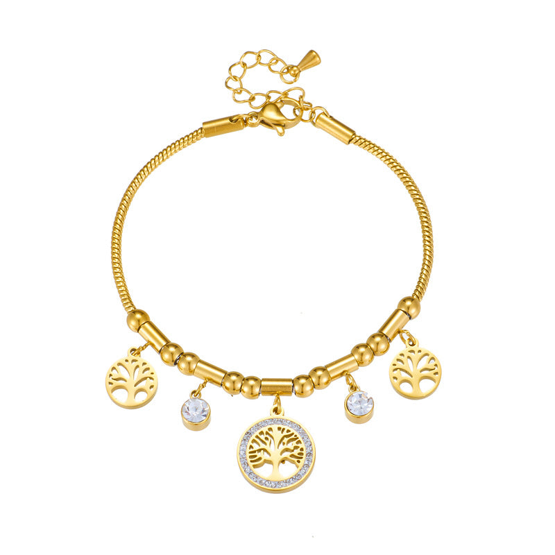 Braccialetto da donna con ciondolo albero della vita traforato in acciaio inossidabile, ispirato al vintage, con intarsi di strass e finitura placcata