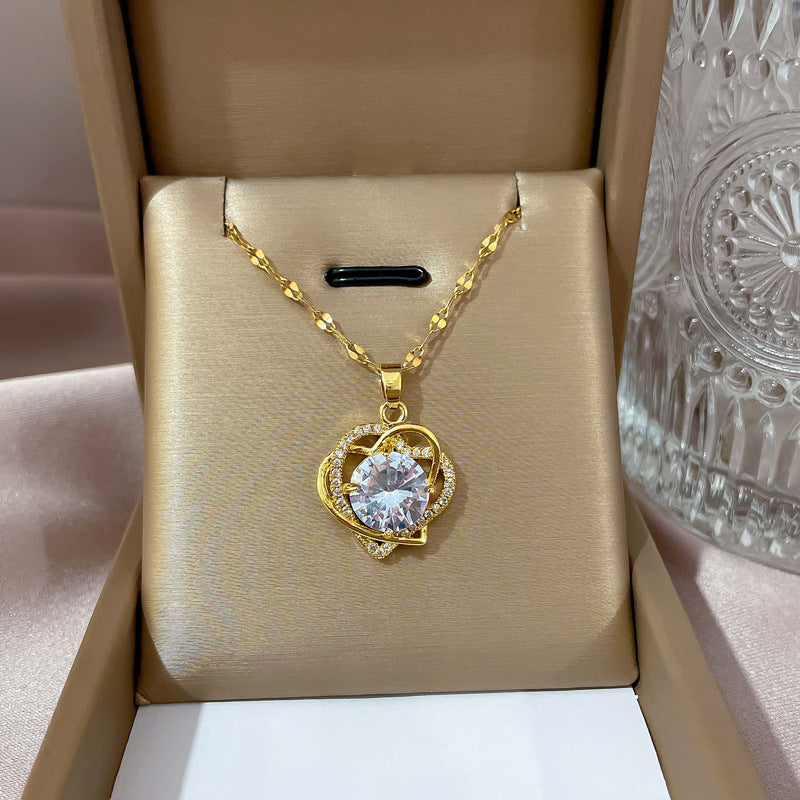 Minimalist Geometric Titanium Steel Necklace with Gold Plated Brass Pendant and Rhinestone Inlay