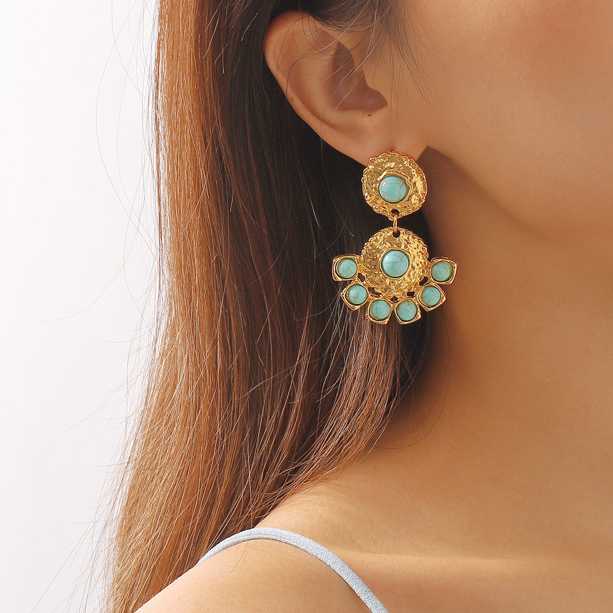 Elegantes pendientes de aleación con incrustaciones de turquesa y acabado chapado, de estilo vintage y diseño geométrico para mujer