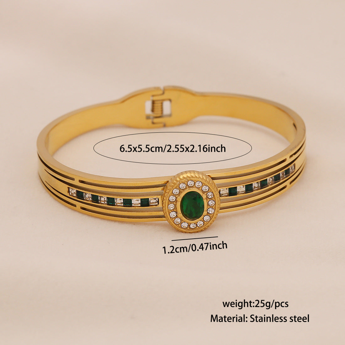 Vintage Geometric Stainless Steel Bracelet with Gold Plating and Irregular Green Glass Inlay