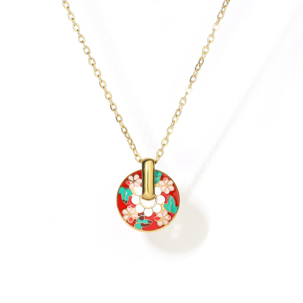 Minimalist Floral Geometric Pendant Necklace for Women in Titanium Steel with Enamel Finish