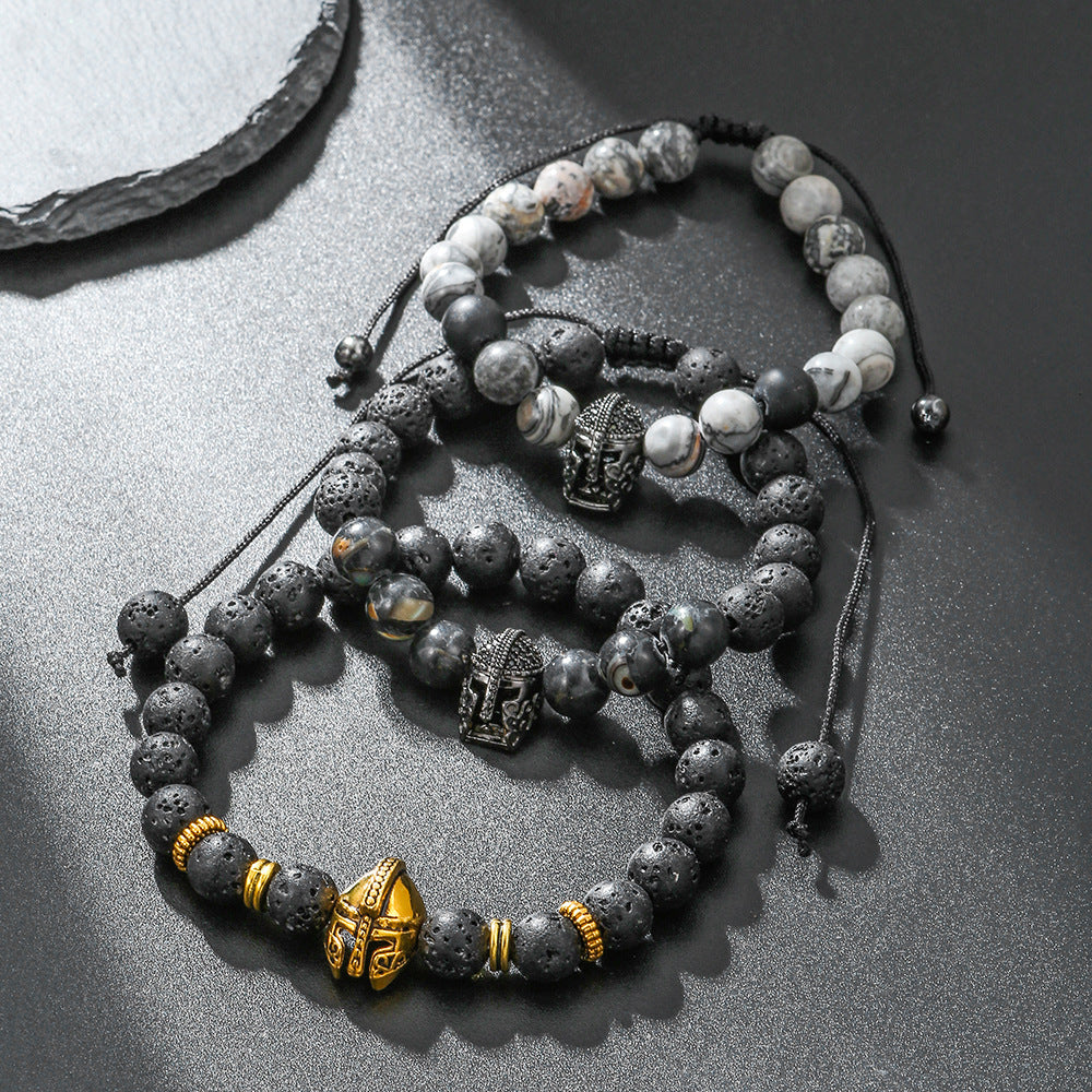 Geometric Round Agate and Cubic Zirconia Inlay Brass Beaded Bracelet