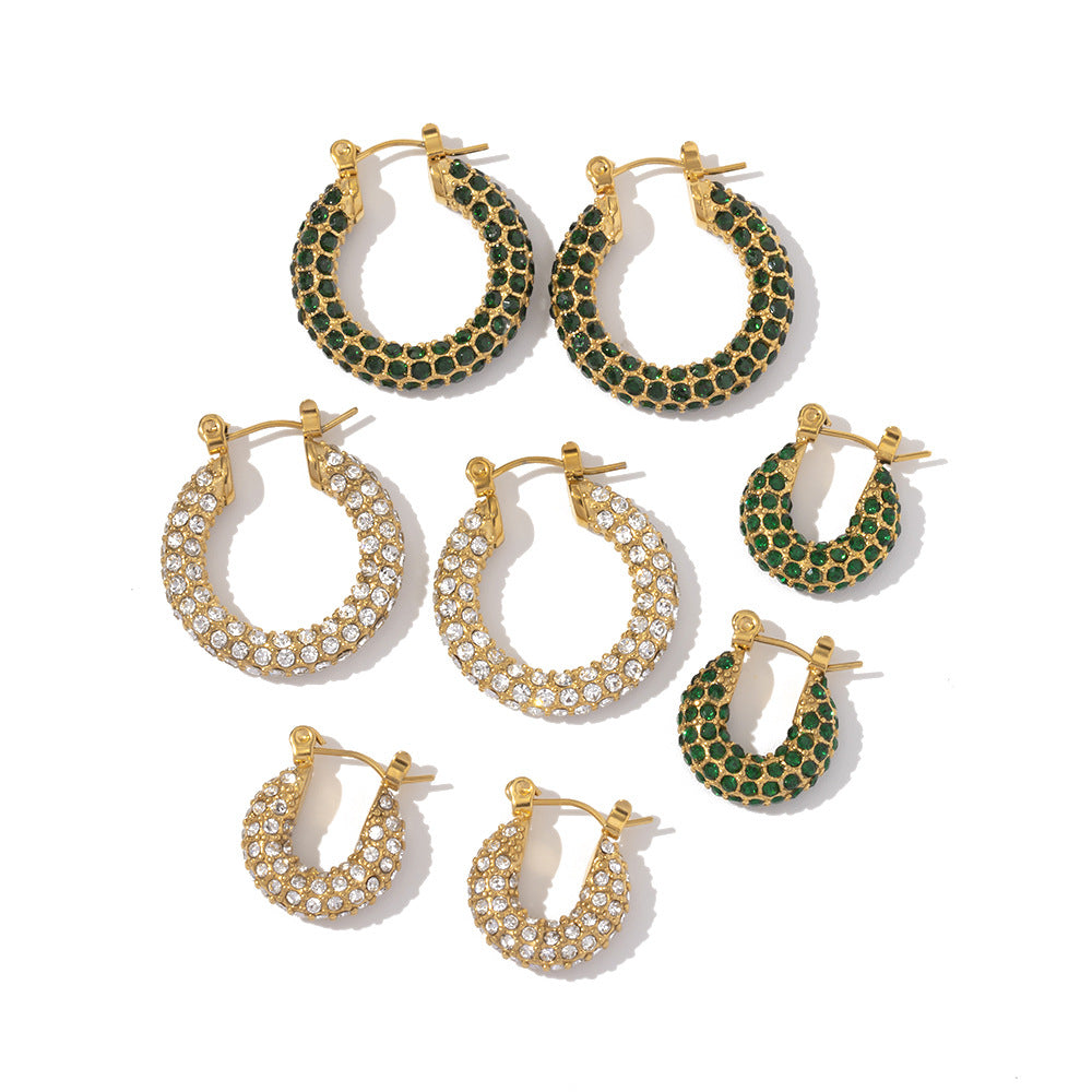 Minimalist Geometric Stainless Steel Hoop Earrings with 18K Gold Plating and White Square Cubic Zirconia Inlay