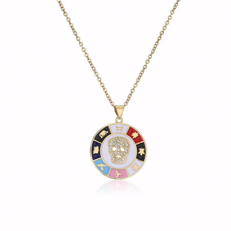 Streetwear Gold Plated Brass Drip Oil Round Star Skull Pendant Necklace with Cable Chain