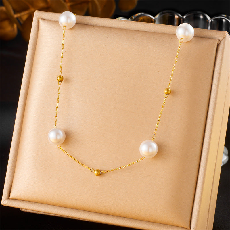 Set Collana e Bracciale in Acciaio Inossidabile Placcato con Perle Rotonde Geometriche Stile Vintage