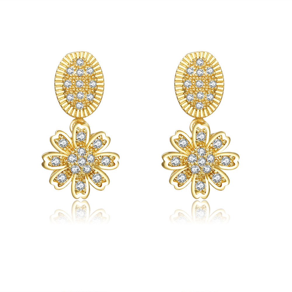 Vintage Gold Plated Brass Teardrop Floral Earrings with Cubic Zirconia