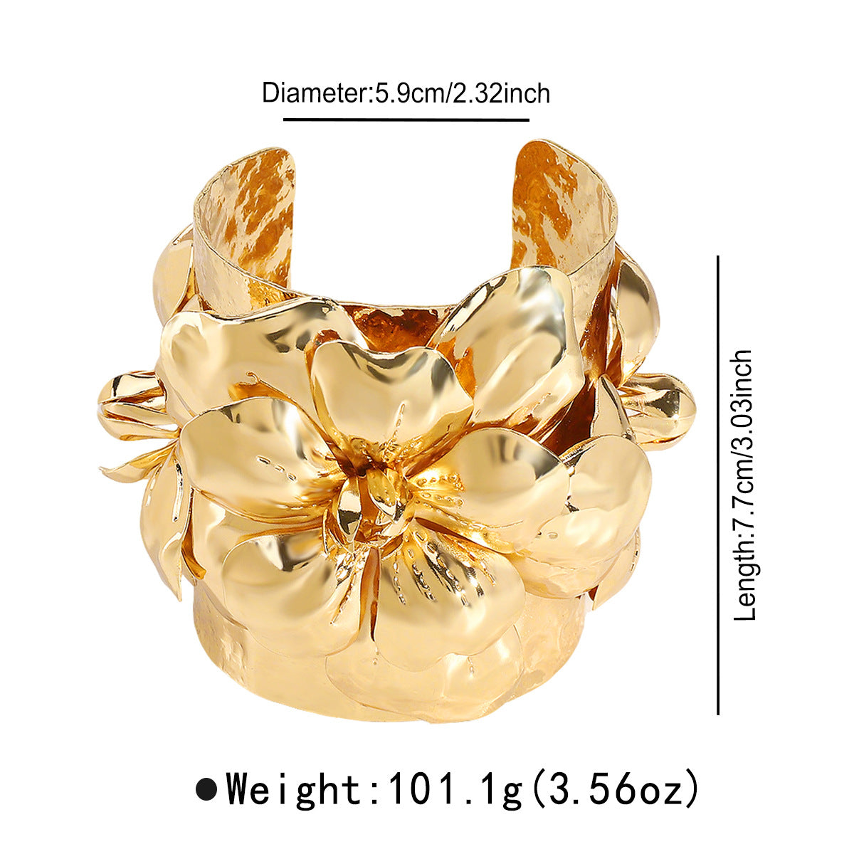 Bracciale a fascia Oversize con Fiore Tridimensionale in Metallo, Finitura Galvanica, Accessorio di Moda Lusso Vintage