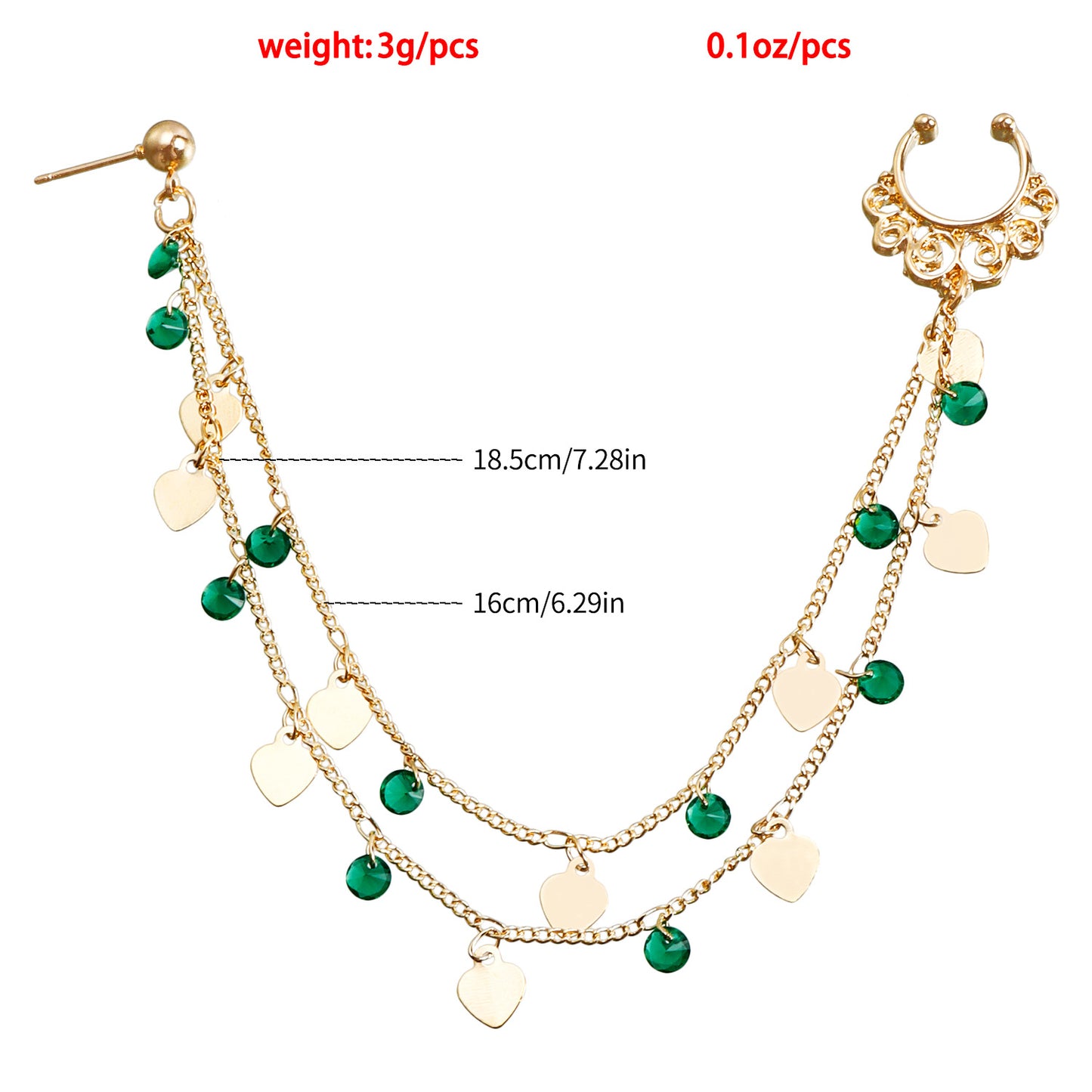 Bohemian Green Crystal Heart Geometric Plated Alloy Nose Ring with Tassel for Unisex