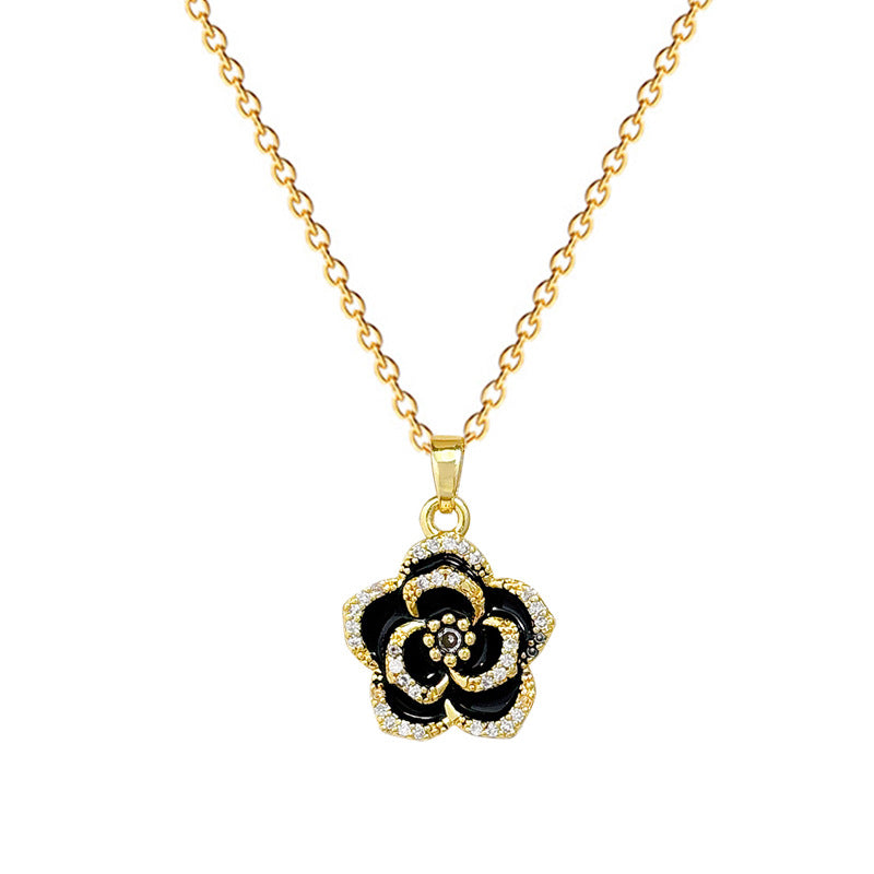 Charming Camellia-Shaped Enamel Pendant Necklace for Women with Titanium Steel Snake Chain, Lightweight and Elegant Locket Style