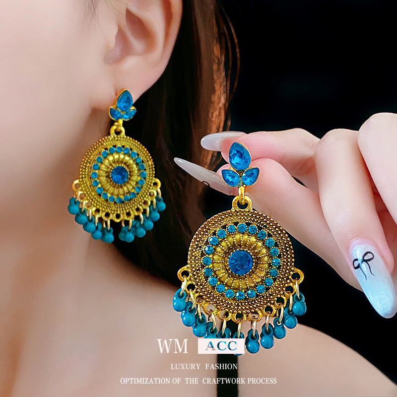 Vintage Ethnic Floral Earrings with Rhinestone Inlay in Alloy and Steel Posts, Geometric and Teardrop-Shaped Dangle Earrings for Women