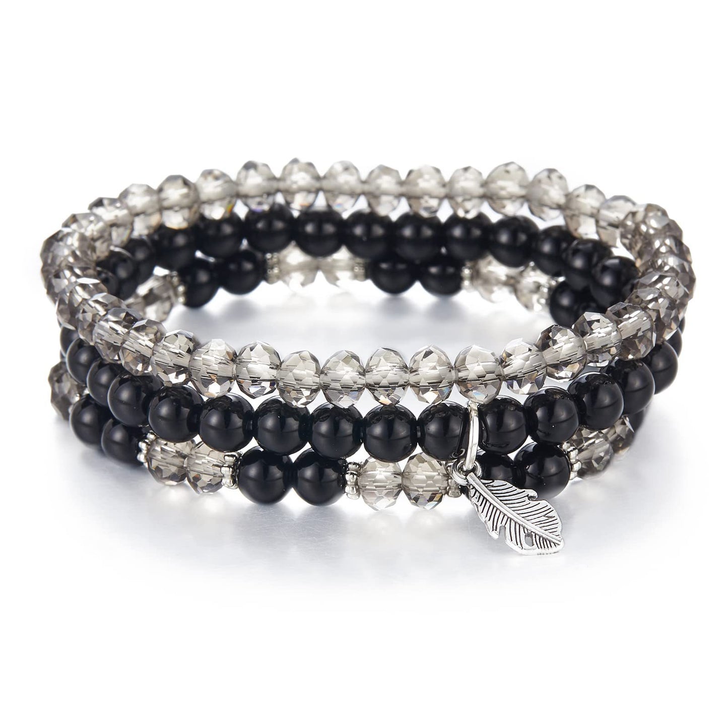Minimalist Geometric Crystal Feather Pendant Bracelet Set