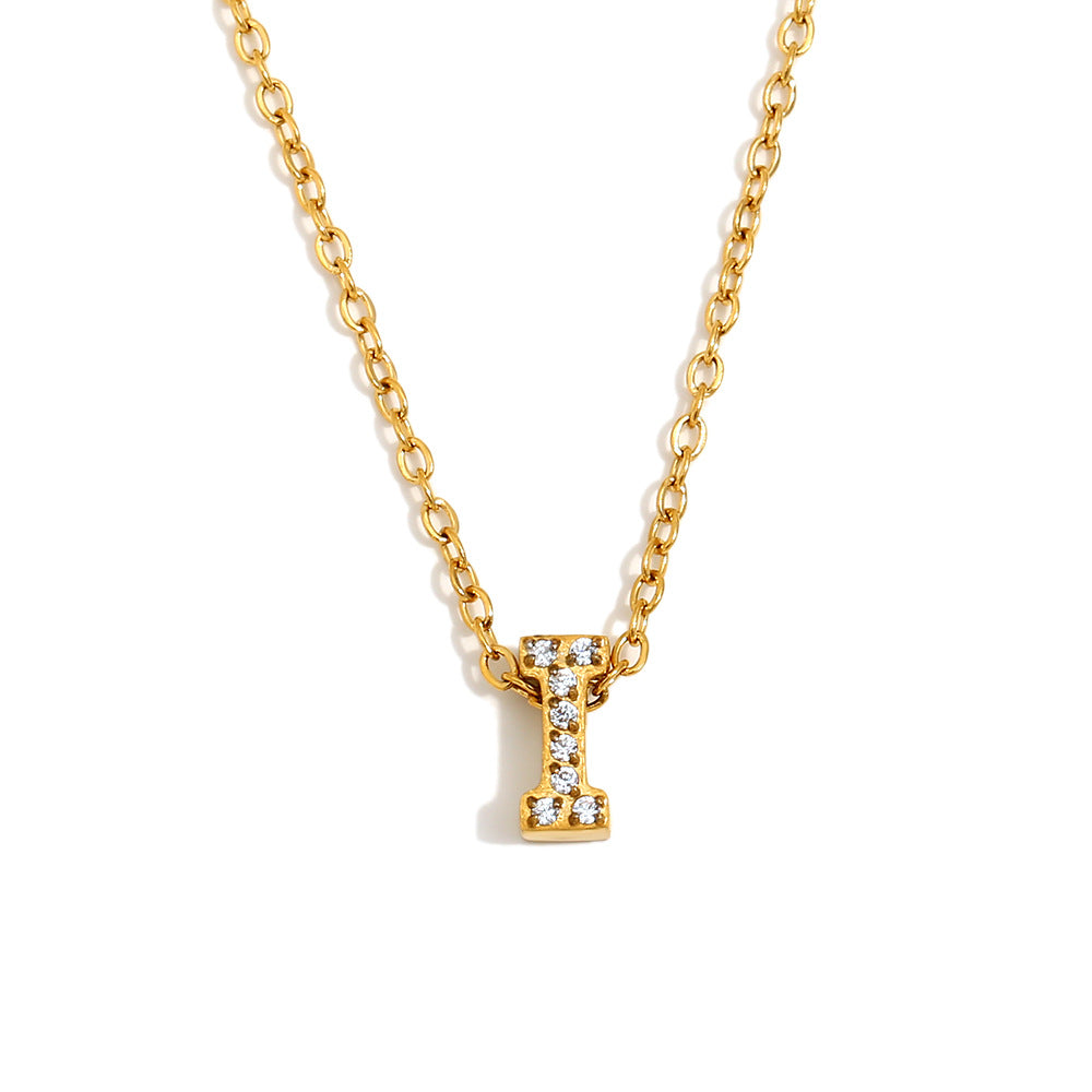 Minimalist Fashion Letter Pendant Necklace for Women Stainless Steel with 18K Gold Plating and Rhinestone Inlay