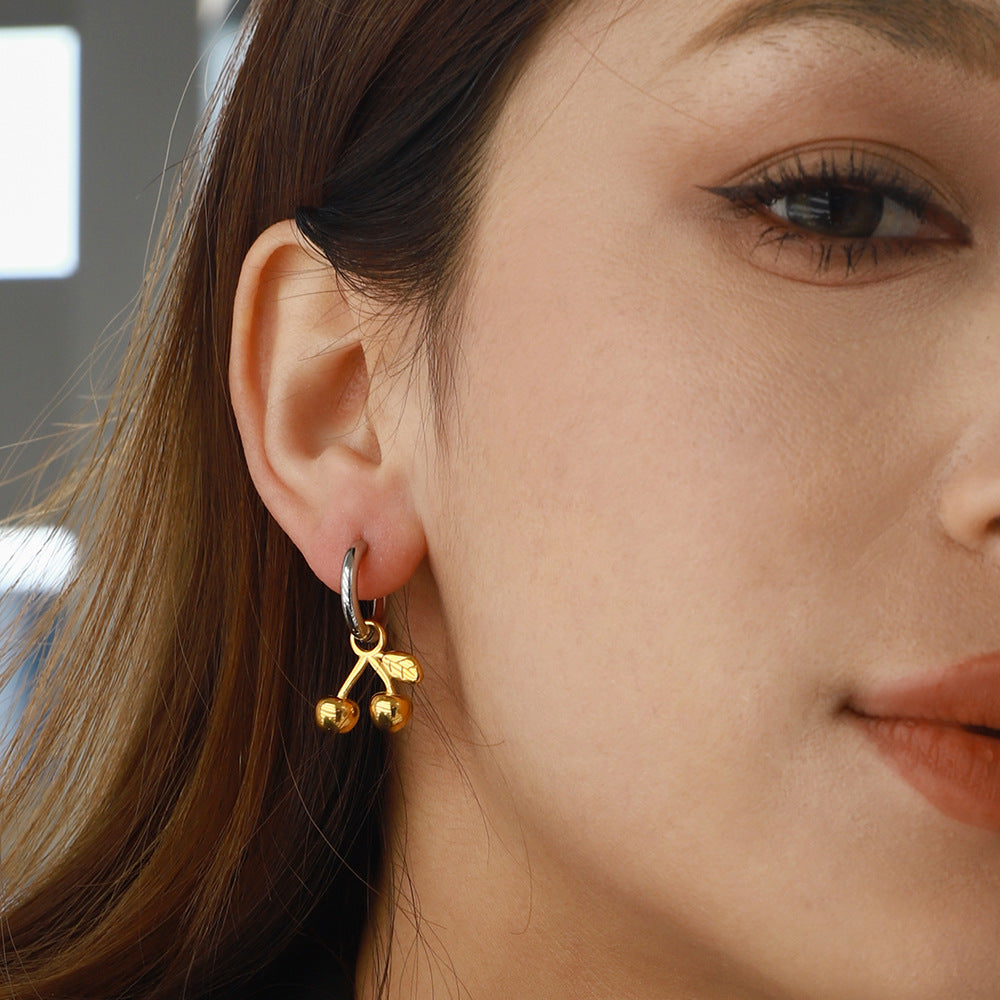 Pendientes de acero inoxidable geométricos con forma de cereza con acabado chapado para mujer, pendientes de moda minimalistas de lujo