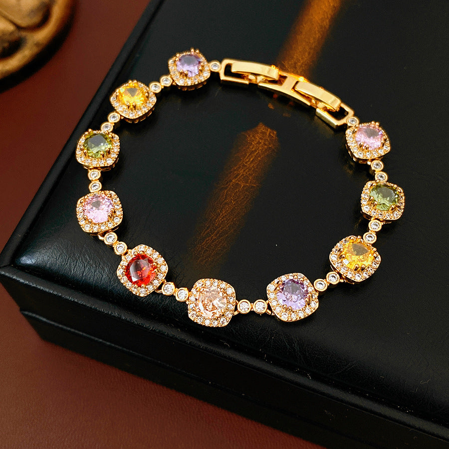Vintage Square Geometric Brass Bracelet with Cubic Zirconia Inlay for Women