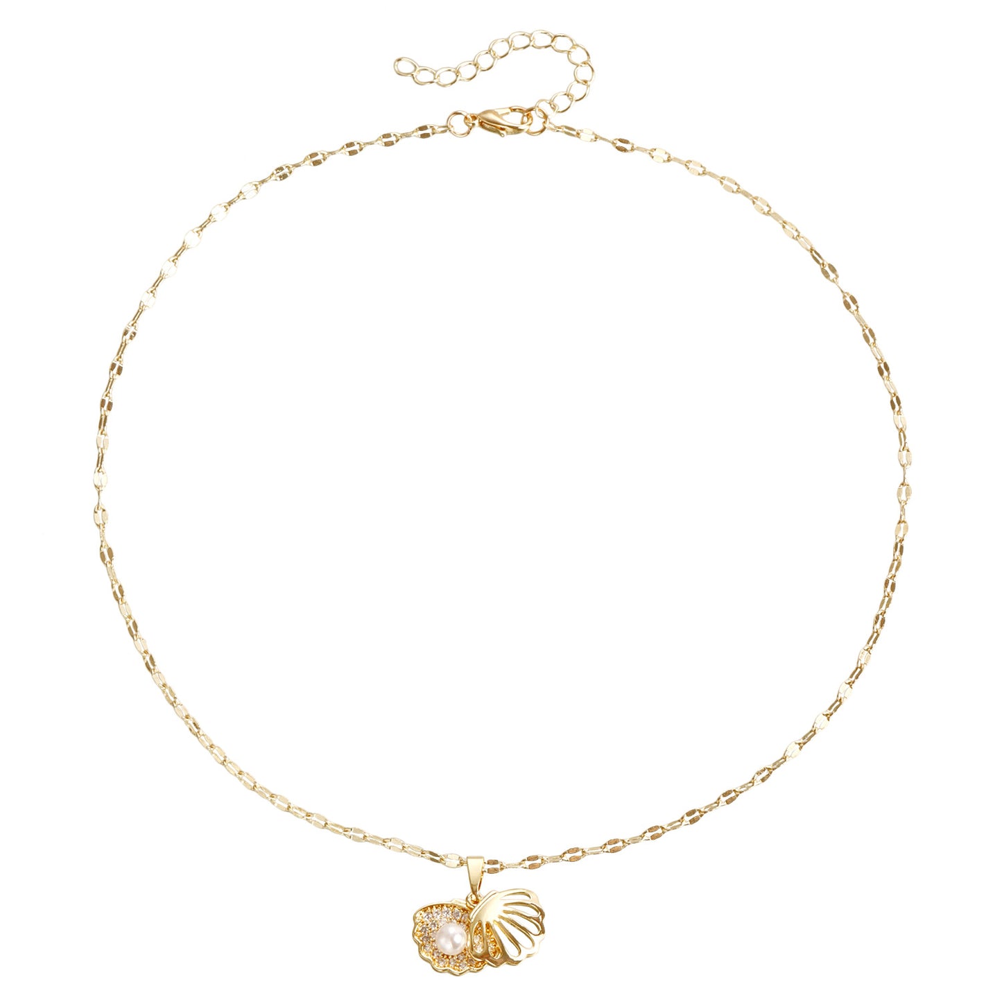 Fashionable Geometric Copper Plated Shell Pendant Necklace for Women with Simulated Pearl Accents and Delicate Collarbone Chain