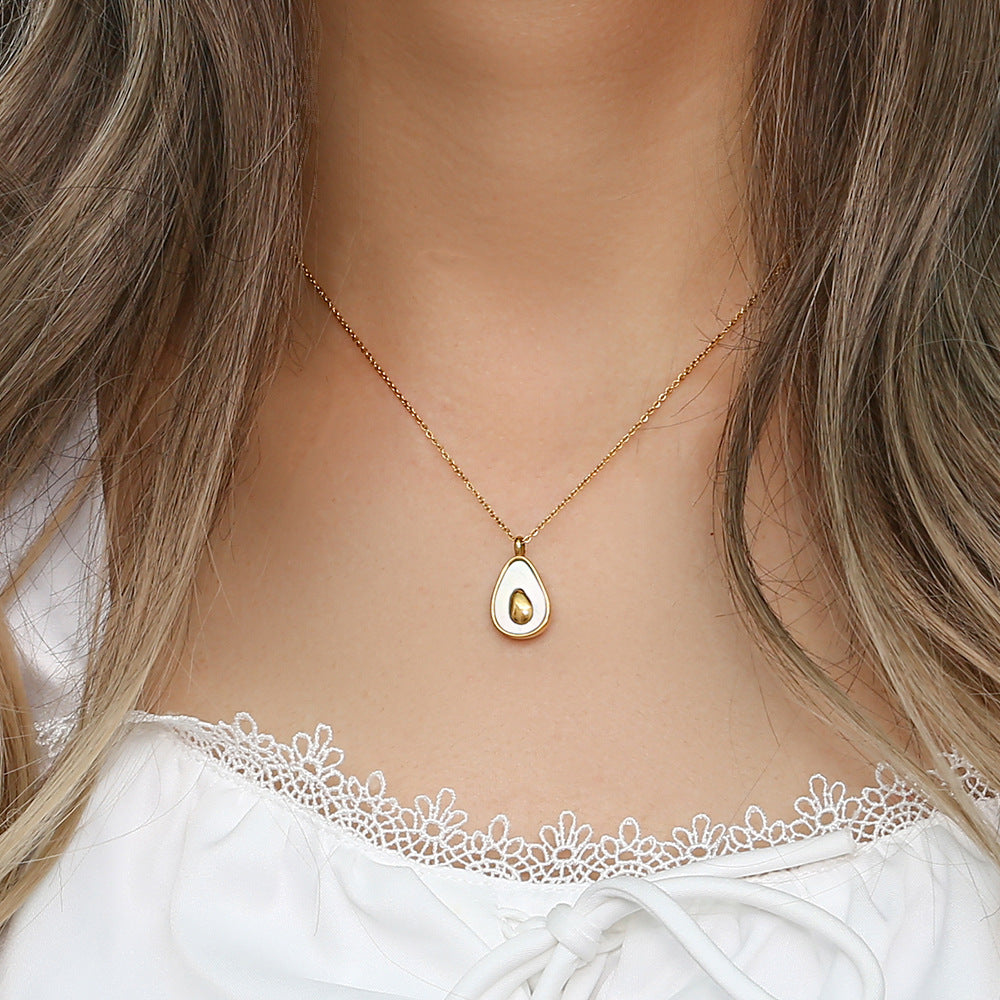Minimalist Geometric Avocado and Seashell Pendant Necklace in Stainless Steel with Plated Finish for Women