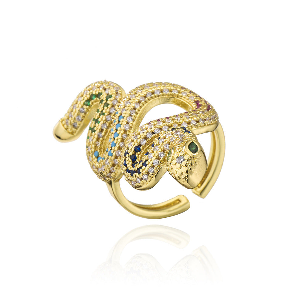 Minimalist Geometric Snake-Shaped Ring in Brass with Gold Plating and Micro-Paved Zirconia for Women