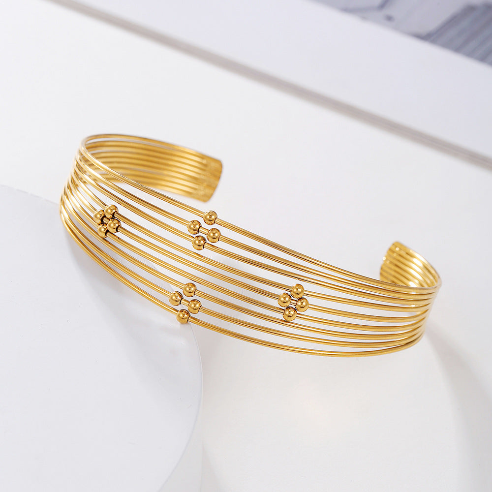 Geometric Round Plated Stainless Steel Multi-Layer Beaded Open Cuff Bracelet