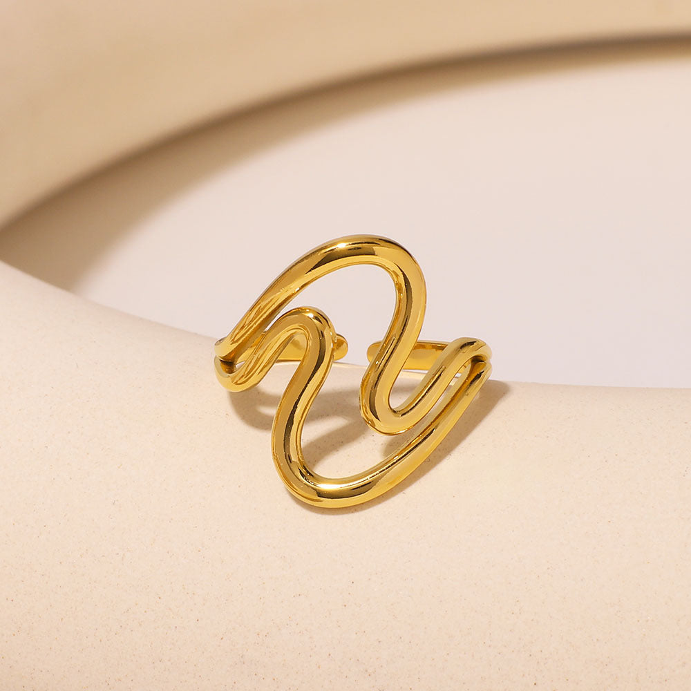 Minimalist Dripping Water Shape Hollow Geometric Stainless Steel Ring for Women with Plated Finish