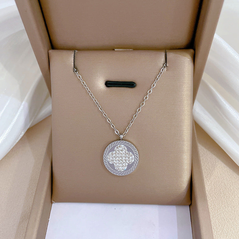 Minimalist Lucky Clover Full Rhinestone Titanium Steel Necklace for Women Geometric Pendant Clavicle Chain Fashion Office Wear