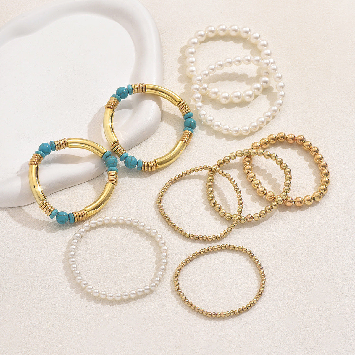 Set di bracciali in perle geometriche stile ufficio alla moda da donna, bracciali intrecciati fatti a mano con perline