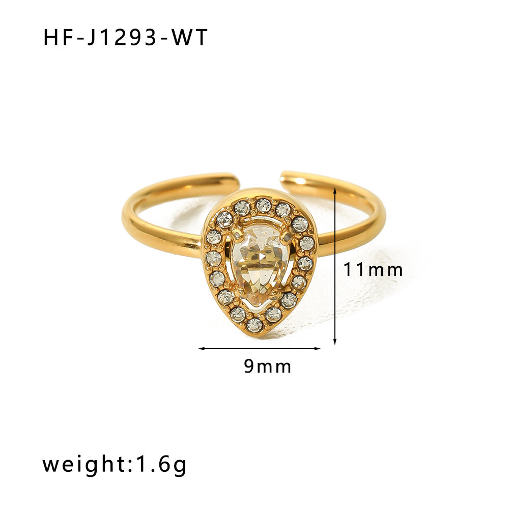 Anello da donna in acciaio inossidabile a forma di goccia d'acqua stile INS con intarsio in zircone bianco e placcatura sottovuoto in oro 18K