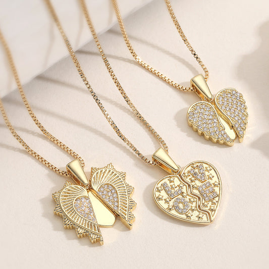 Minimalist Heart Cubic Zirconia Inlay Brass Pendant Necklace for Women