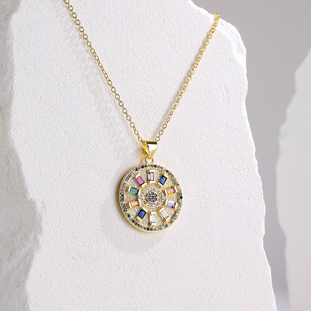 Collana pendente con occhio turco geometrico minimalista in rame placcato oro 18 carati e zirconi, da donna