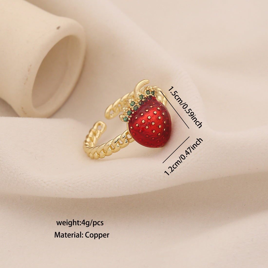 Simpatico Anello a Forma di Fragola in Rame con Finitura Smaltata da Donna, Gioielli alla Moda Regolabili a Tema Frutta