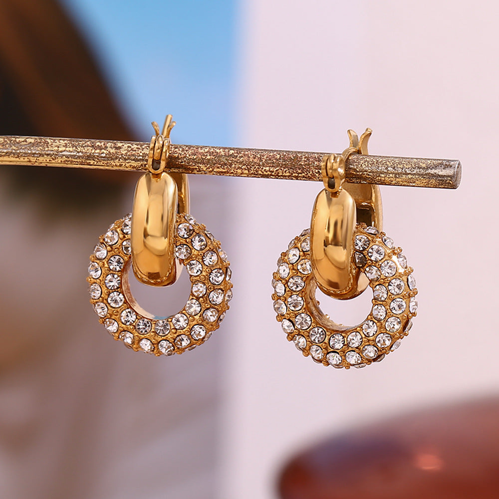 Fashionable Minimalist Geometric Stainless Steel Plated 18K Gold Micro-Paved Hoop Earrings for Women