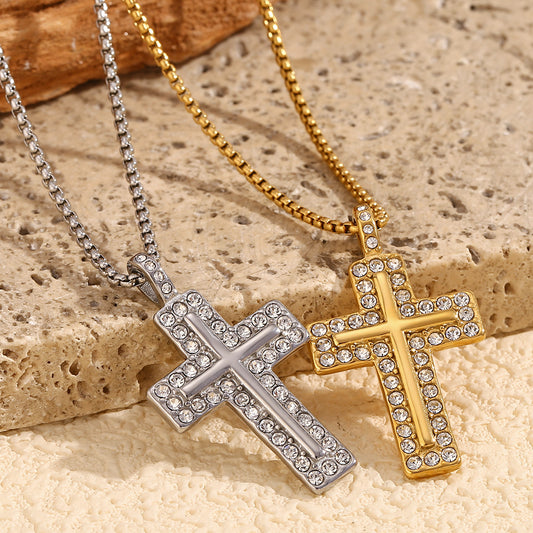 Collana da donna con ciondolo a croce minimalista alla moda in acciaio inossidabile placcato oro 18 carati e strass