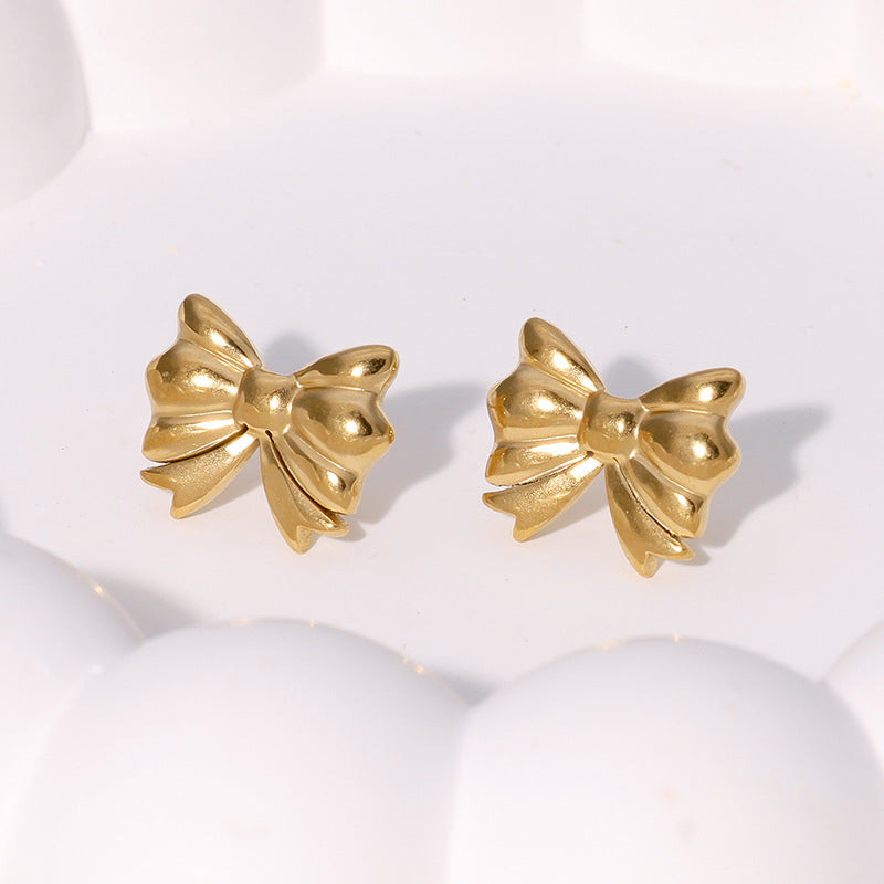Minimalist Bow-Shaped Titanium Steel Earrings with 18K Gold Plating for Women — Hypoallergenic Stainless Steel Studs, Lightweight Luxury Design