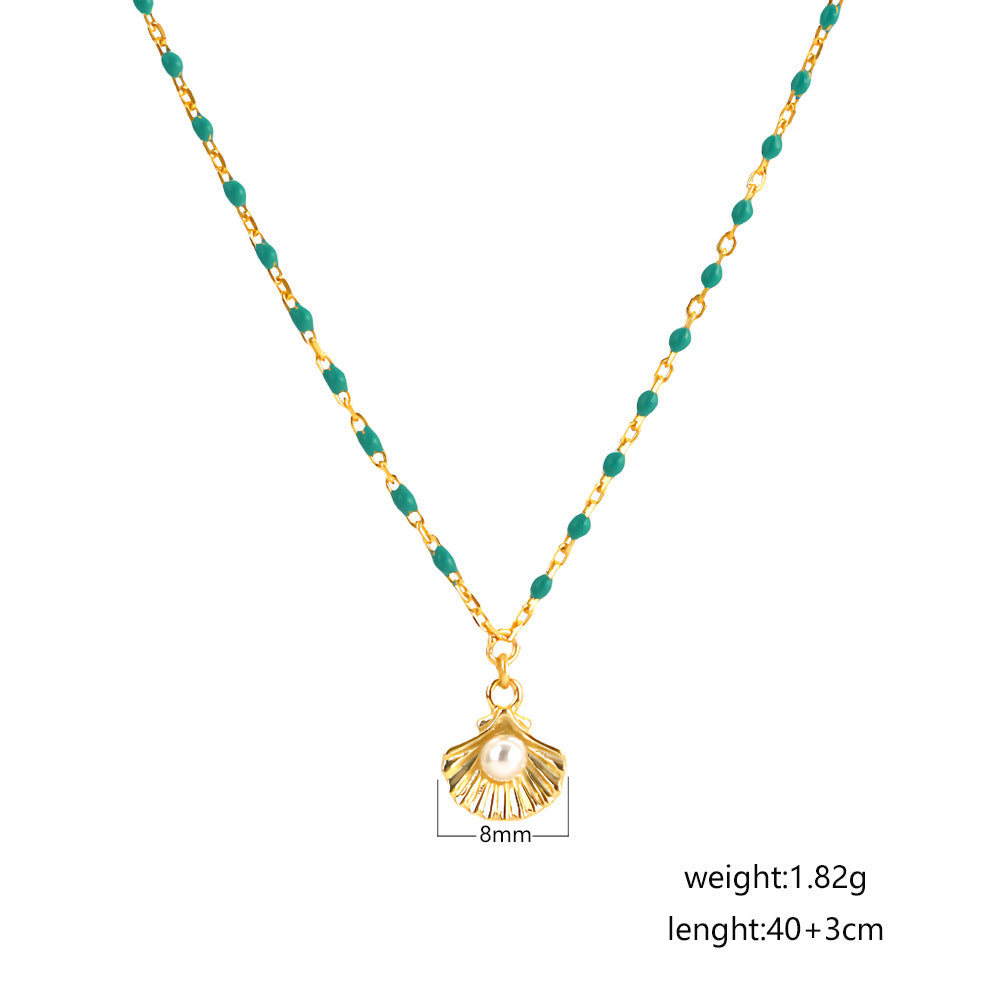Minimalist Geometric S925 Sterling Silver Electroplated Clavicle Necklace with Resin-Coated Shell and Pearl Pendant for Women