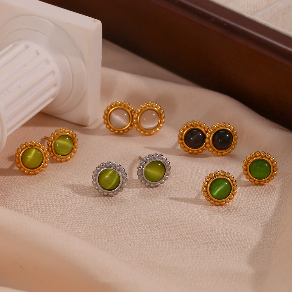 Fashion Minimalist Luxury 18K Gold Plated Stainless Steel Geometric Sun Cat's Eye Stud Earrings for Women