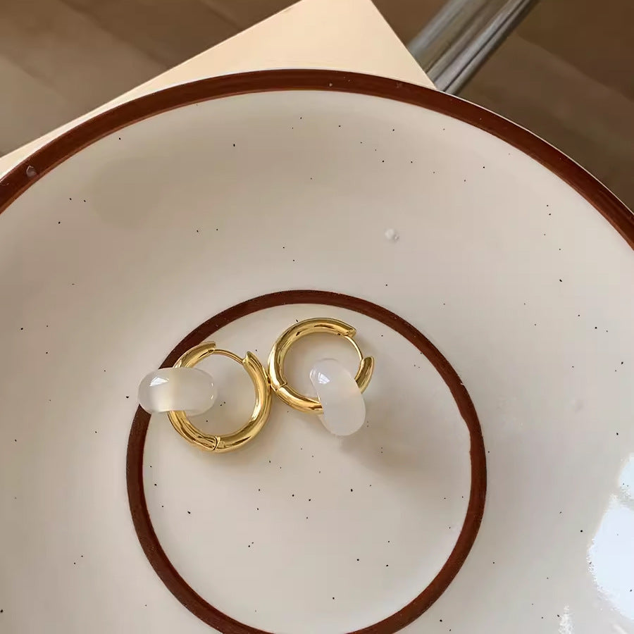 Pendientes minimalistas de acero inoxidable en forma de U con incrustaciones de ágata natural para hombre y mujer