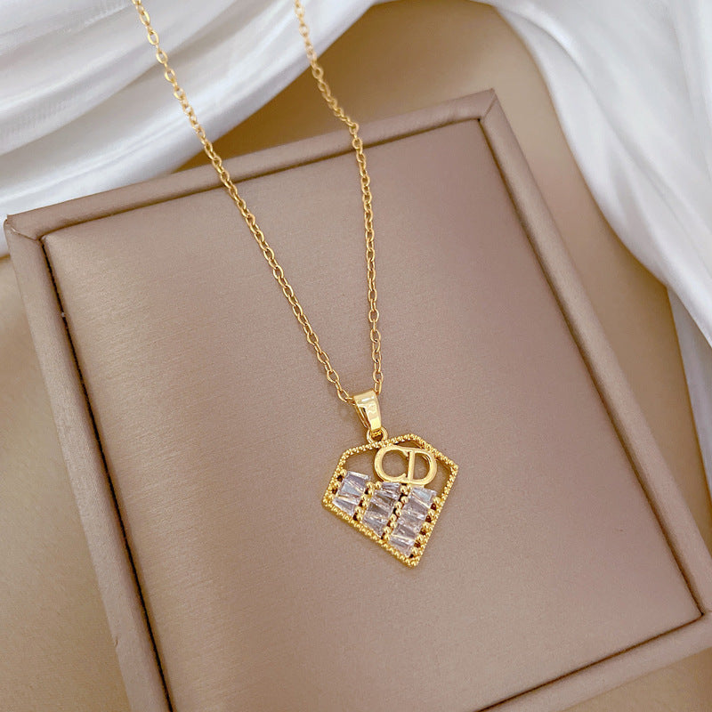 Geometric Heart CD Pendant Necklace for Women and Men Stainless Steel Snake Chain with Rhinestone Inlay Elegant Minimalist Locket Necklace