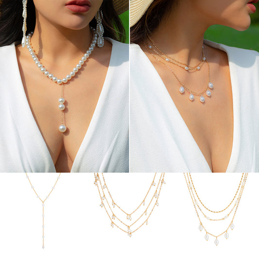 Collar con colgante de retrato en Y minimalista con detalles de perlas de imitación, dije de aleación electrochapada, borla y diseño de cadena en capas para mujer