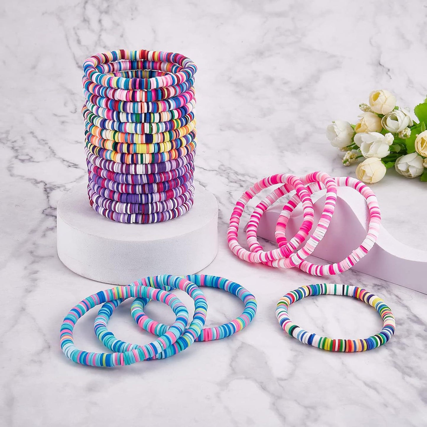 Geometric Resin Charm Bar Bracelet Set Unisex Handmade Elastic Beads