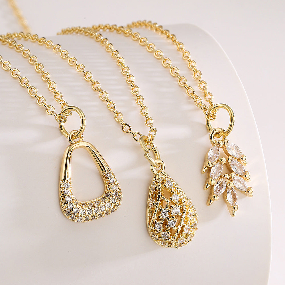 Elegant French-Style Geometric Pendant Necklace for Women with Zircon Accents on Copper Chain