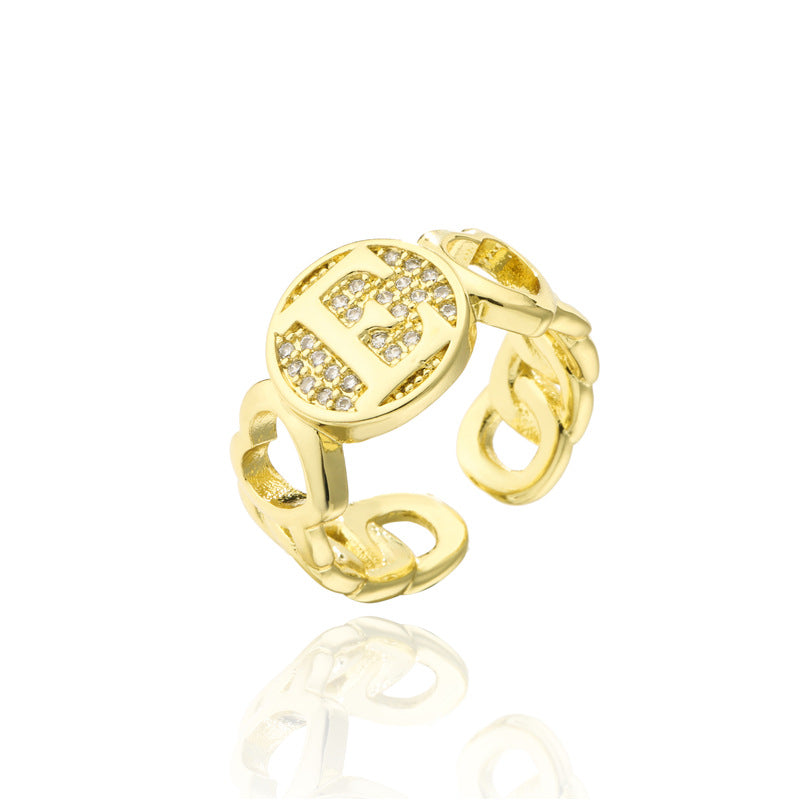 18K Gold Plated Brass Micro-Paved Cubic Zirconia Heart Letter Cuban Link Chain Open Ring for Women