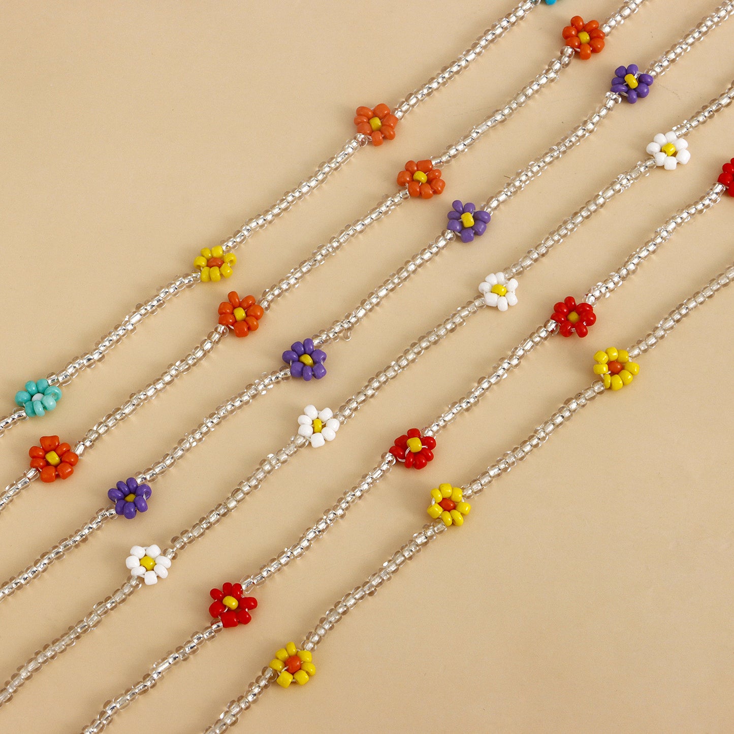 Bohemian Style Daisy Flower Pendant Necklace with Clear White Rice Beads and Geometric Accents in Alloy with Plated Finish for Women