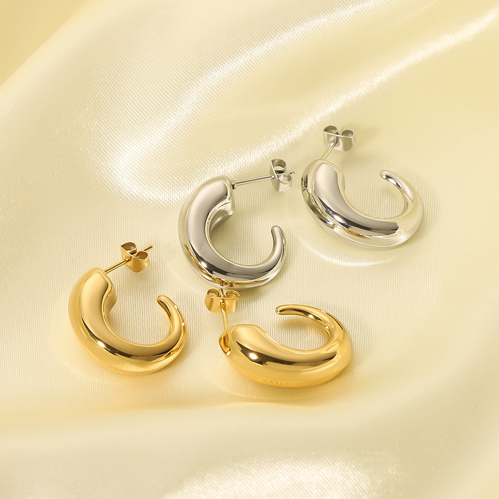 Minimalist Geometric C-Shaped Hollow Stainless Steel Earrings with 18K Gold Plating for Women