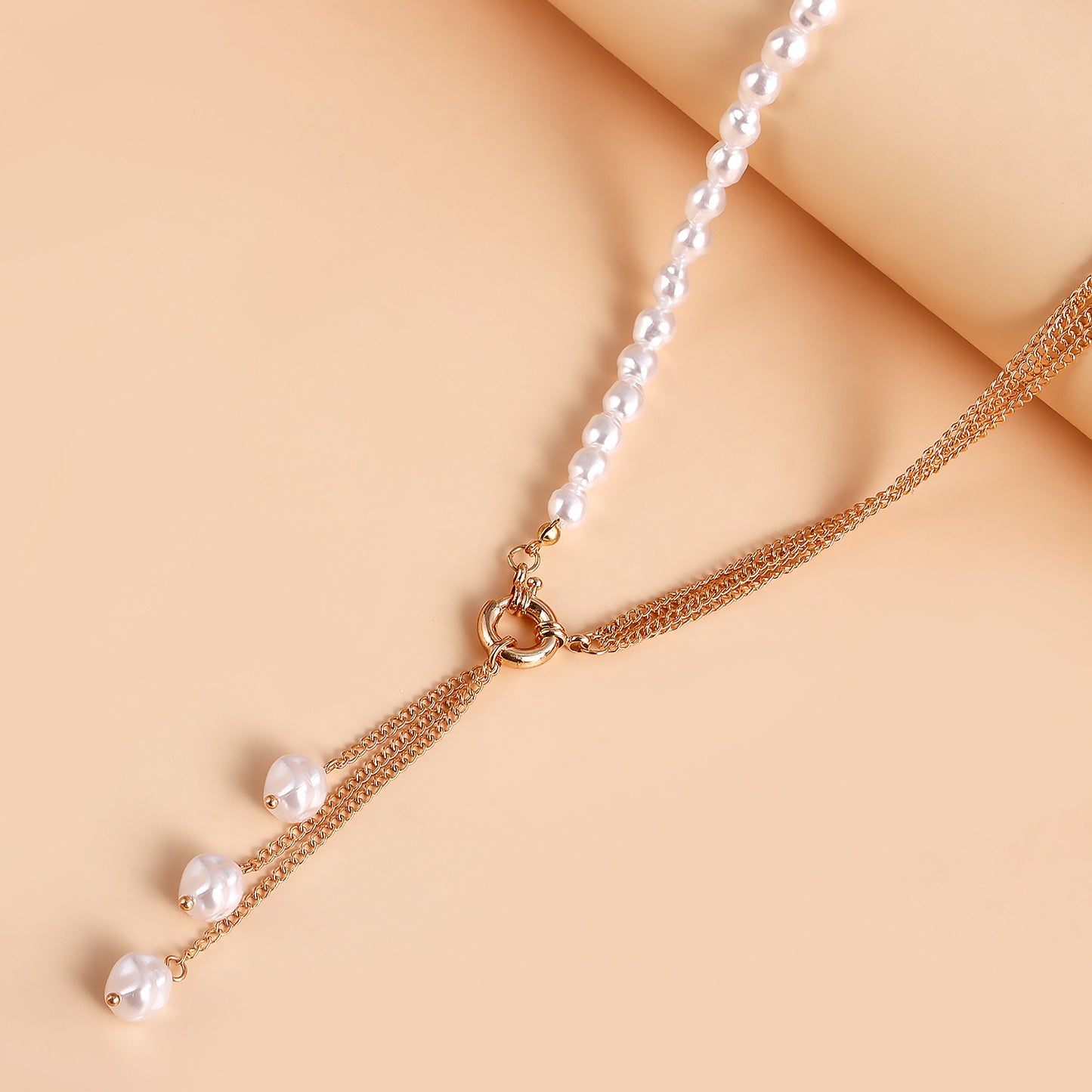 Asymmetrical Geometric Pendant Necklace with Pearl-Effect Tassels and Plated Alloy Chain for Women