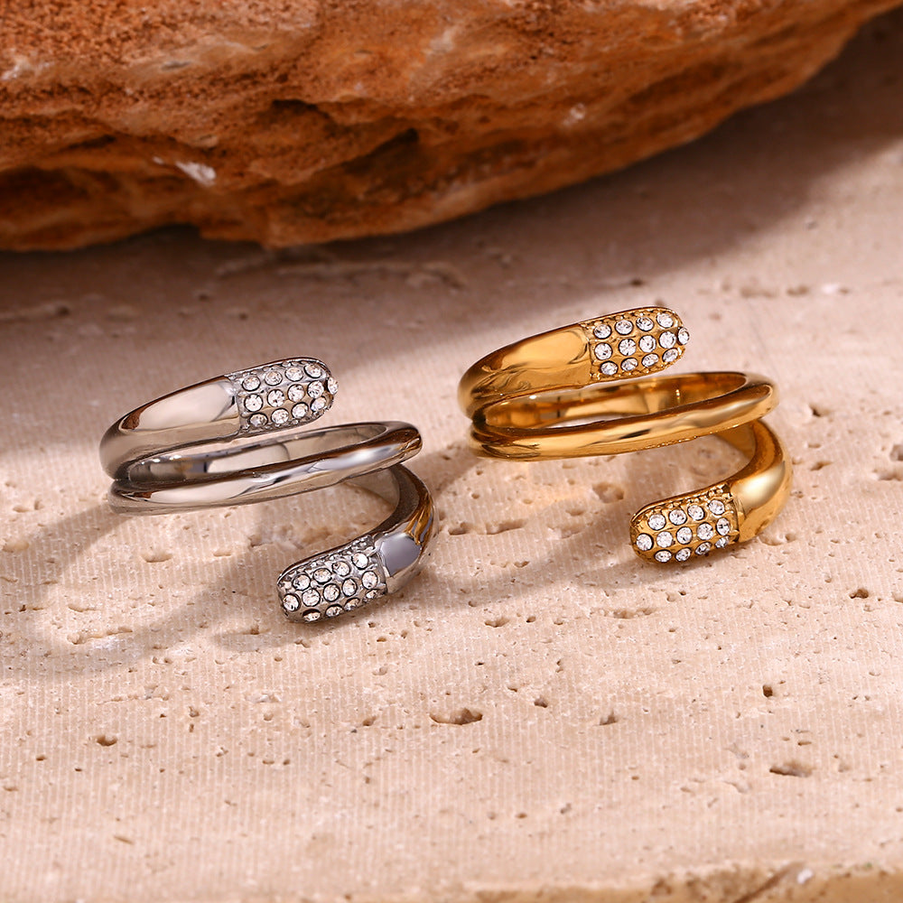 Creative Geometric Stainless Steel Ring with 18K Gold Plating and Rhinestone Accents for Women