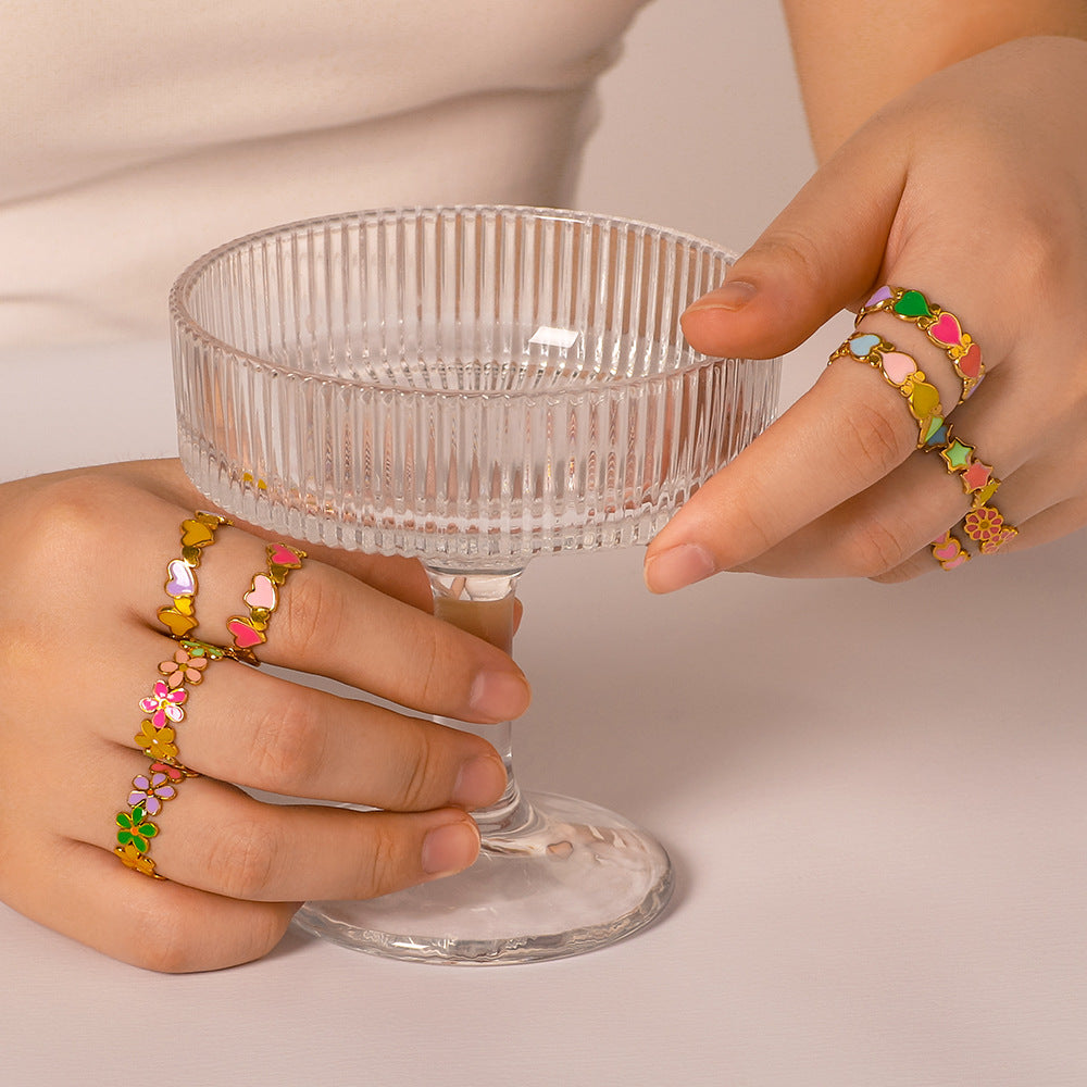 Bohemian Adjustable Stainless Steel Ring with Enamel Floral and Heart Design for Women