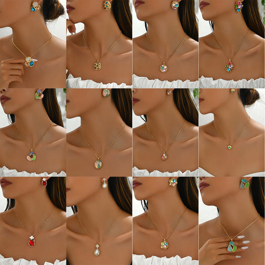 Set di Gioielli Minimalista da Donna con Collana e Orecchini in Rame a Forma Geometrica, Caratterizzati da Gemme Artificiali Placcate Oro Intarsiate