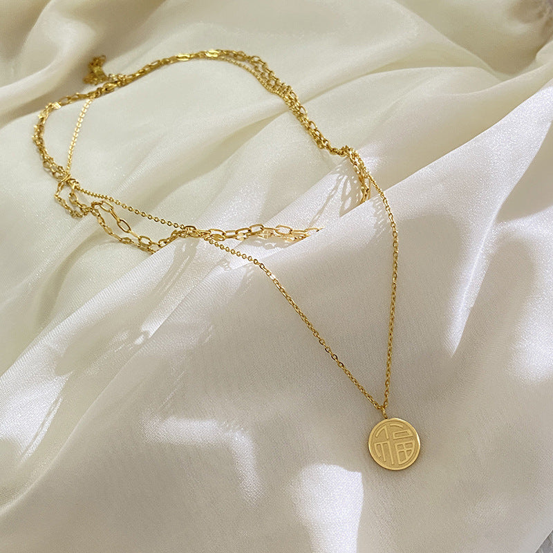 Vintage Ethnic Gold Plated Titanium Steel Round Fu Character Pendant Necklace for Unisex